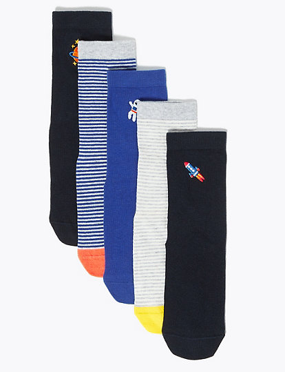 5 Pack Cotton Rich Space Embroidered Socks