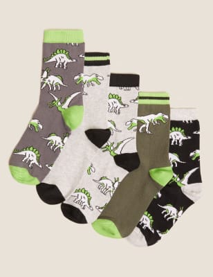 

M&S Collection Pack de 5 pares de calcetines de algodón de dinosaurios - Multi, Multi