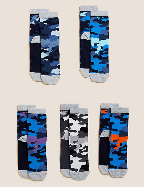 Marks And Spencer Unisex,Boys,Girls M&S Collection 5pk Cotton Rich Camouflage Socks - Multi, Multi
