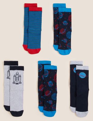Marks And Spencer Unisex,Boys,Girls M&S Collection 5pk Cotton Rich Space Socks - Multi, Multi