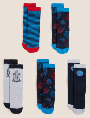 Marks And Spencer Unisex,Boys,Girls M&S Collection 5pk Cotton Rich Space Socks - Multi, Multi