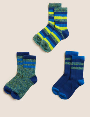 Marks And Spencer Unisex,Boys,Girls M&S Collection 3pk Cotton Rich Ribbed Striped Socks - Multi, Multi