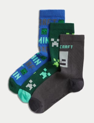 

M&S Collection 3er-Pack Socken mit hohem Baumwollanteil und Minecraft™-Motiv - Green Mix, Green Mix