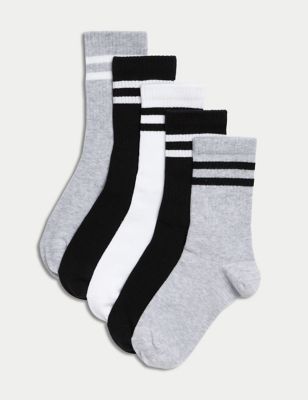 M&S 5pk Cotton Rich Ribbed Striped Socks - 12+3+ - White Mix, White Mix