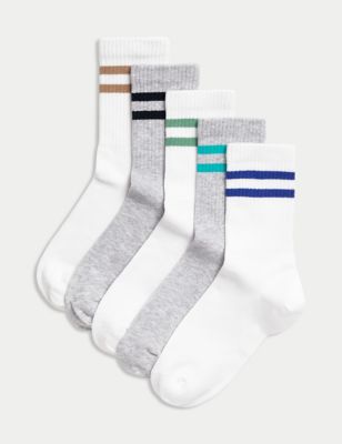 M&S 5pk Cotton Rich Ankle Ribbed Stripe Socks (6 Small - 7 Large) - 12+3+ - Multi, Multi