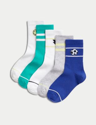 M&S Boys 5pk Cotton Rich Ribbed Sports Icons Socks - 8-12 - Multi, Multi