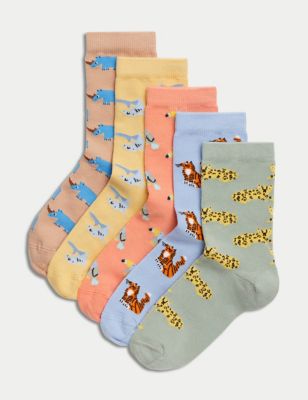 M&S 5pk Cotton Rich Animal Socks (6 Small - 7 Large) - 12+3+ - Multi, Multi