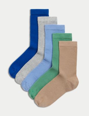 M&S 5pk Cotton Rich Ribbed Socks (2-3 Yrs) - 12+3+ - Multi, Multi