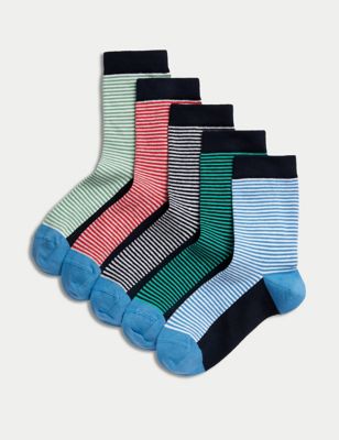 M&S Boy's 5pk Cotton Rich Striped Socks (6 Small - 7 Large) - 6-8+ - Multi, Multi