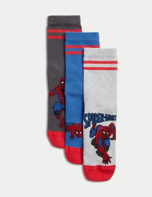 M&S 3pk Cotton Rich Spider-Man Socks (6 Small - 7 Large) - 8-12 - Multi, Multi