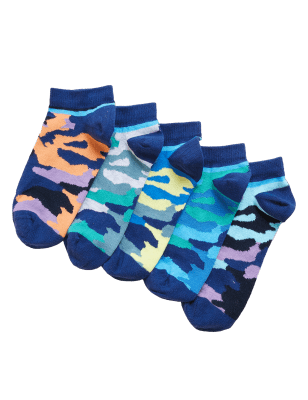 

M&S Collection Pack de 5 pares de calcetines tobilleros de algodón de camuflaje - Multi, Multi