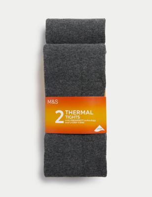 M&S Girl's 2pk Cotton Rich Thermal Tights (4-14 Yrs) - 7-8 Y - Grey, Grey