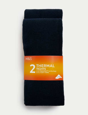 M&S Girls 2pk Cotton Rich Thermal Tights (4-14 Yrs) - 7-8 Y - Navy, Navy