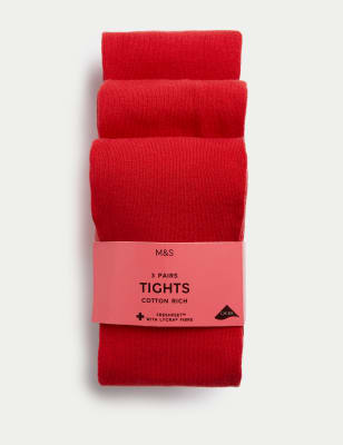 M&S Girl's 3pk Cotton Rich School Tights (3-14 Yrs) - 3-4 Y - Red, Red