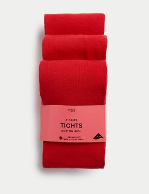 M&S Girls 3pk Cotton Rich School Tights (3-14 Yrs) - 4-5 Y - Red, Red