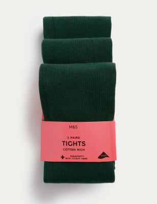 M&S Girl's 3pk Cotton Rich School Tights (3-14 Yrs) - 8-9 Y - Green, Green