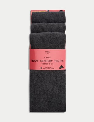 M&S Girls 3pk of Body Sensor School Tights (2-16 Yrs) - 2-3 Y - Grey, Grey