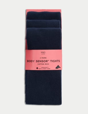 M&S Girls 3pk of Body Sensor School Tights (2-16 Yrs) - 2-3 Y - Navy, Navy