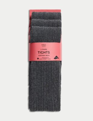 M&S Girls 3pk of Cable Knit Tights (2-16 Yrs) - 15-16 - Grey, Grey