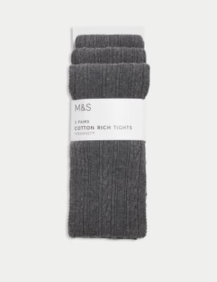 M&S Girl's 3pk of Cable Knit Tights (2-16 Yrs) - 15-16 - Grey, Grey