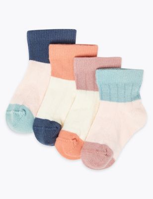 4 Pairs of Colour Block Baby Socks | M&S