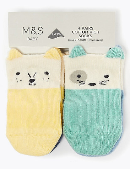 4pk of Cotton Rich Animal Socks (0-24 Mths)