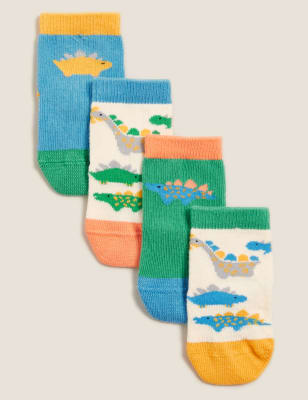 Lot de 4 paires de chaussettes bébés en coton à motif dinosaure (jusqu'au 24 mois) - Blue Mix