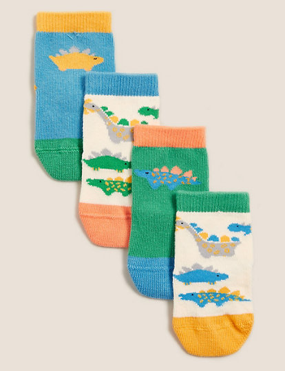 4pk Cotton Dinosaur Baby Socks (0-24 Mths)