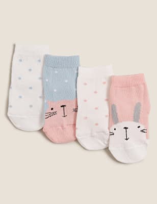 

M&S Collection Pack de 4 pares de calcetines de diseño de caras de animales de algodón para bebé (0-24 meses) - Light Pink Mix, Light Pink Mix