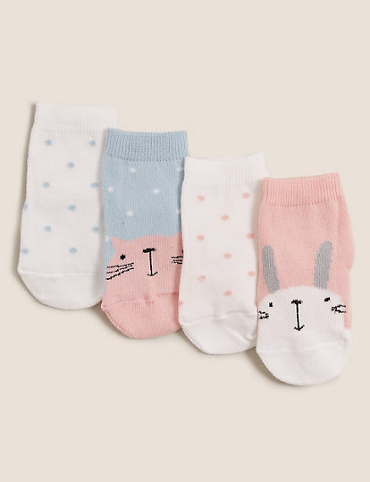 4pk Cotton Rich Animal Face Baby Socks (0-24 Mths)