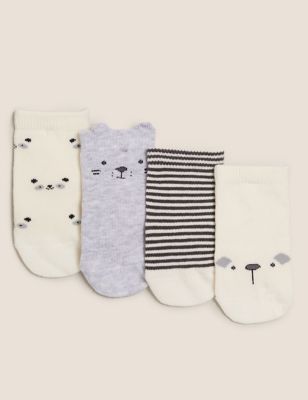 Lot de 4 paires de chaussettes bébés en coton à motif tête d'animal (jusqu'au 24 mois) - Grey Marl
