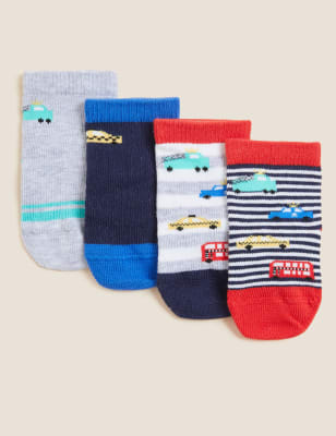 

M&S Collection Pack de 4 pares de calcetines de diseño de medios de transporte de algodón para bebé (0-24 meses) - Red Mix, Red Mix