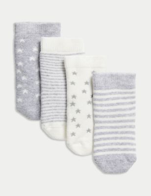 M&S 4pk Cotton Rich Terry Baby Socks (0-24 Mths) - NB - Grey Mix, Grey Mix