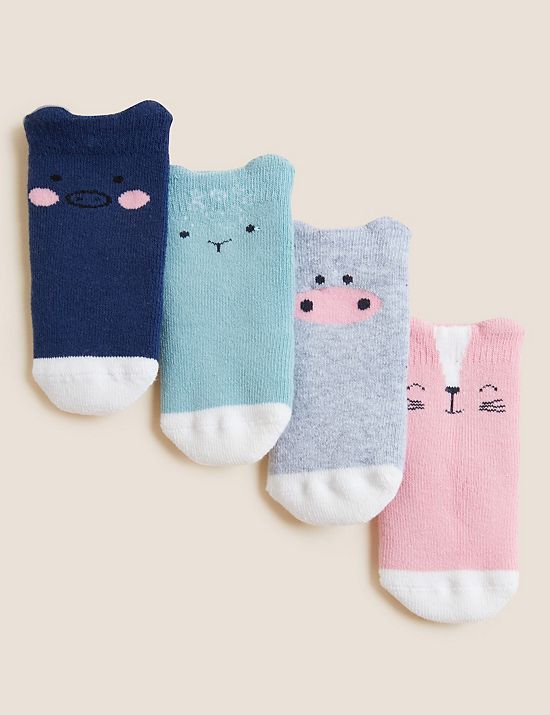 4pk Cotton Rich Terry Animal Baby Socks (0-3 Yrs)