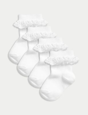 M&S 4pk Cotton Rich Ribbed Frill Baby Socks (0-3 Yrs) - 0-6 - White Mix, White Mix