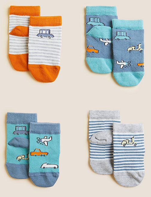 Marks And Spencer Boys M&S Collection 4pk Cotton Rich Transport Print Baby Socks (0-3 Yrs) - Multi, Multi