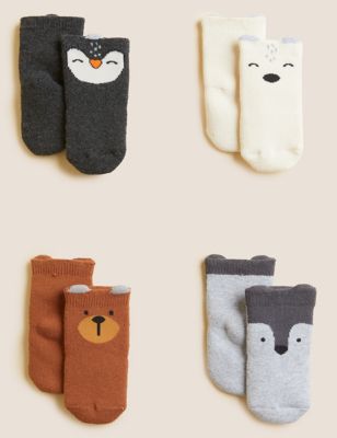 Marks And Spencer Unisex,Boys,Girls M&S Collection 4pk Cotton Rich Animal Face Baby Socks (7lbs - 2 Yrs) - Multi