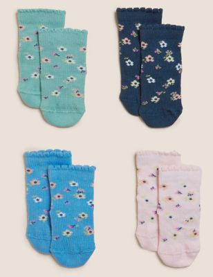 4pk Cotton Rich Floral Baby Socks (0-24 Mths) - QA