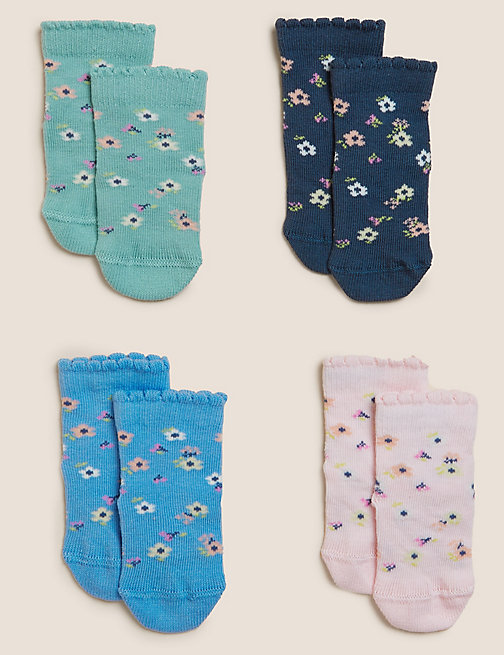 Marks And Spencer Girls M&S Collection 4pk Cotton Rich Floral Baby Socks (0-24 Mths) - Multi, Multi