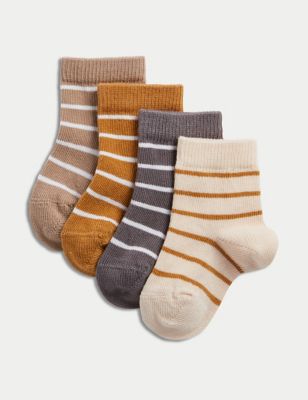 M&S 4pk Cotton Rich Striped Baby Socks - 0-6 - Multi, Multi