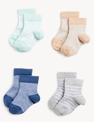 M&S 4pk Cotton Rich Ribbed Baby Socks - 0-6 - Multi, Multi