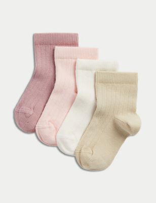 M&S 4pk Cotton Rich Ribbed Baby Socks - 6-12 - Multi, Multi