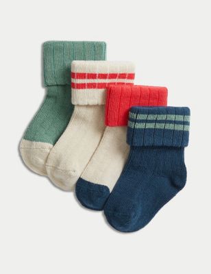M&S 4pk Cotton Rich Striped Baby Socks (0-3 Yrs) - 0-6 - Multi, Multi