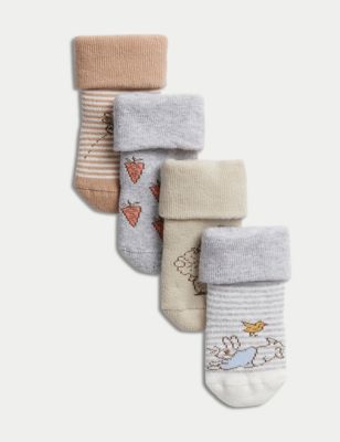 M&S 4pk Cotton Rich Peter Rabbit Baby Socks (7lbs-12 Mths) - 0-6 - White Mix, White Mix