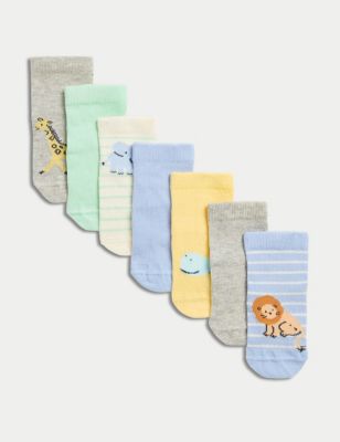 M&S 7pk Cotton Rich Animal Baby Socks - 0-6 - Multi, Multi