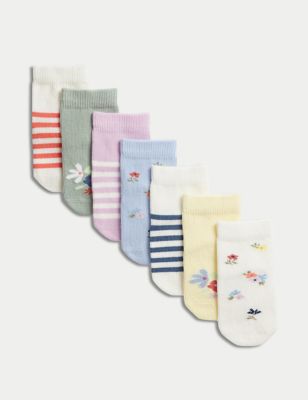 M&S Girl's 7pk Cotton Rich Patterned Socks (0-3 Yrs) - 6-12 - Multi, Multi