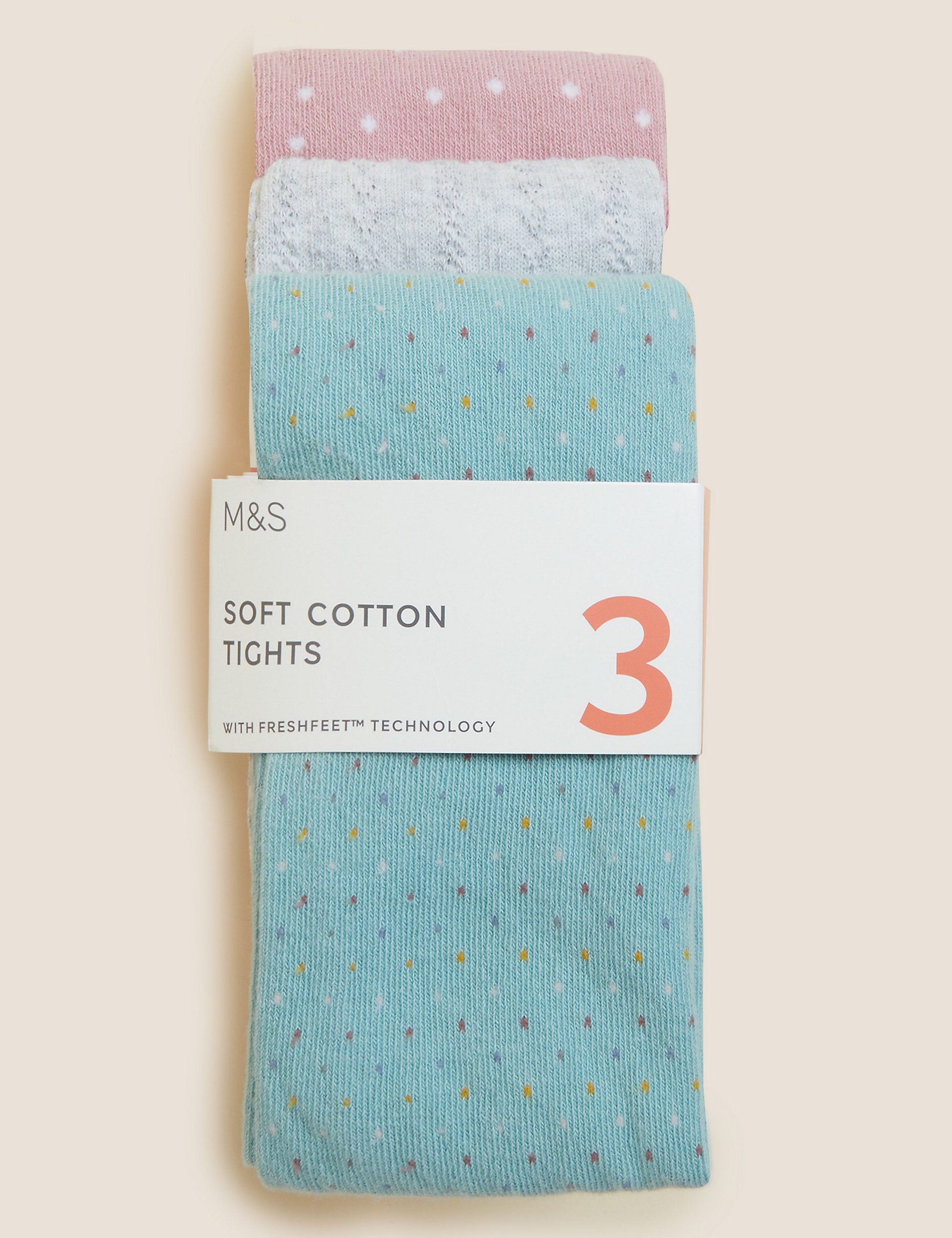 3pk Cotton Rich Cable & Spotty Tights (2-14 Yrs)