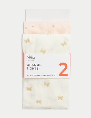 M&S Girl's 2pk 40 Denier Patterned Sparkle Tights (2-14 Yrs) - 2-3 Y - White Mix, White Mix