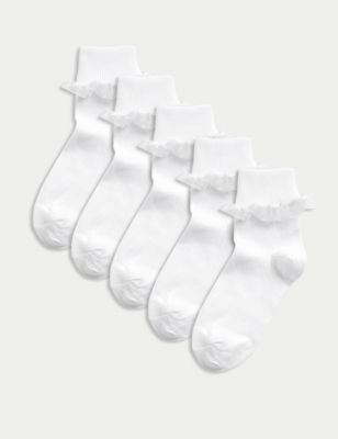 M&S Girls 5pk of Frill Ankle Socks - 8-12 - White, White