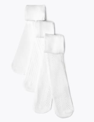 Lot de 3 paires de collants côtelés, blanc uni et à motif en point de pèlerine (jusqu'au 2 ans) - Wi